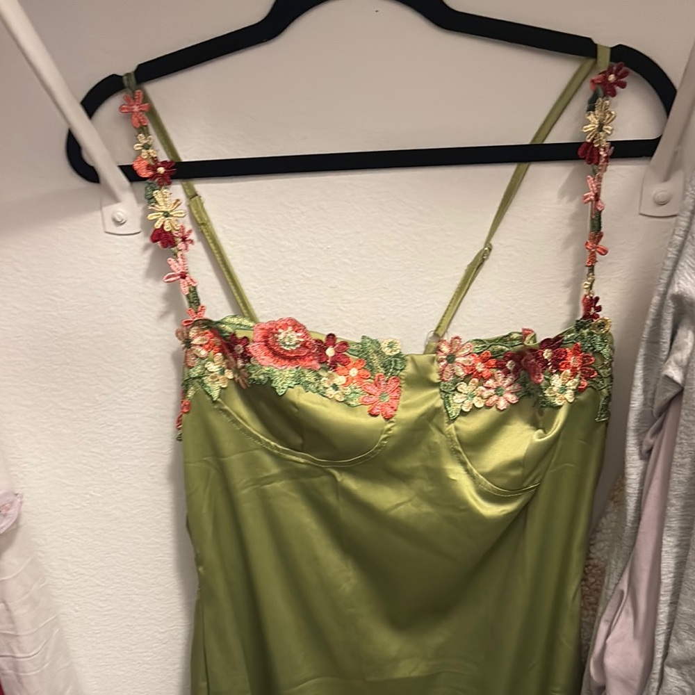 Floral Embroidered Green Satin Dress